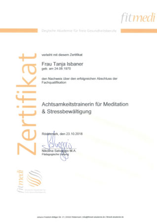 Zertifikat Achtsamkeitstrainerin für Meditation & Stressbewältigung