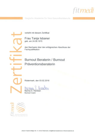 Zertifikat Burnout Beraterin / Burnout Präventionsberaterin
