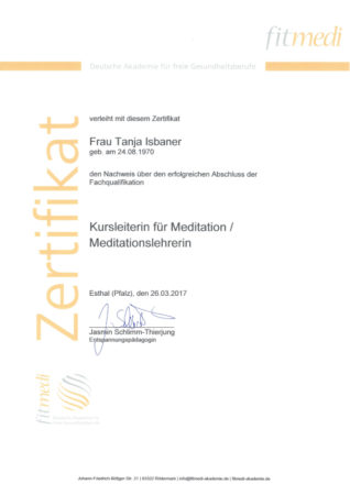 Zertifikat Kursleiterin für Meditation / Meditationslehrerin