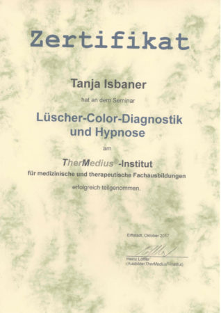 Zertifikat Lüscher-Color-Diagnostik und Hypnose