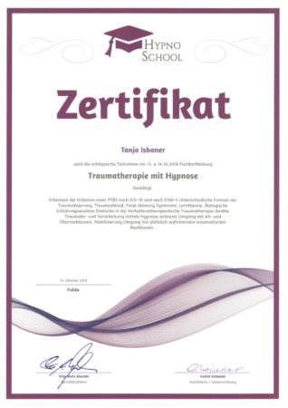 Zertifikat Traumatherapie mit Hypnose von HypnoSchool